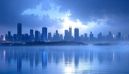 Fototapeta premium A city skyline with skyscrapers and buildings at dusk reflected on calm water.