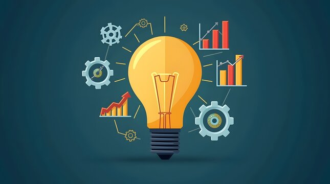 Trade graph icons and gear icons around the light bulb. Icon of the light bulb on and around the business icon.
