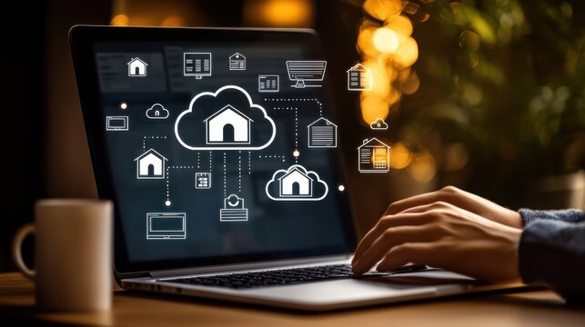 A person using a laptop displaying cloud technology icons related to home connectivity and digital services.