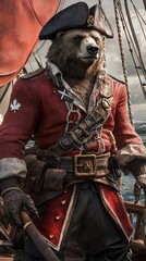 Grizzly bear as a captain on the old pirate ship in the middle of an ocean standing with dark rainy clouds. 4K wallpaper.