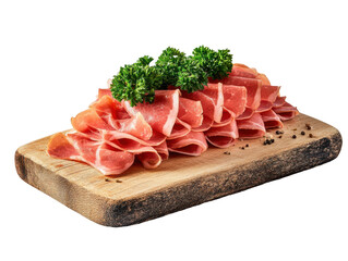 Isolated Prosciutto Ham Slices on Wooden Board