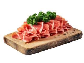 Isolated Prosciutto Ham Slices on Wooden Board