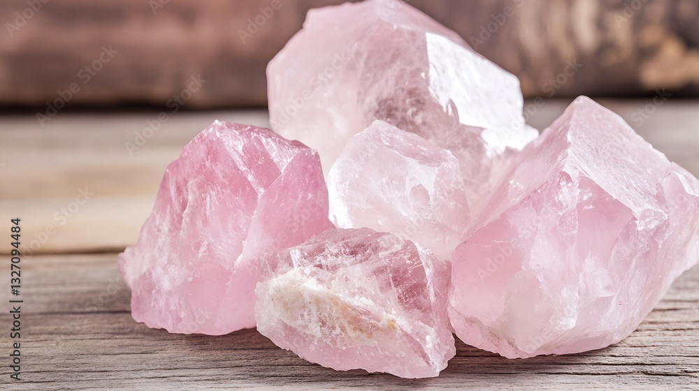 Poster beautiful pink rose quartz stones arranged on wooden surface creating natural healing vibes : genera