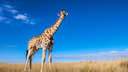 Obraz premium Majestic giraffe standing tall against blue sky in an open savanna landscape : Generative AI