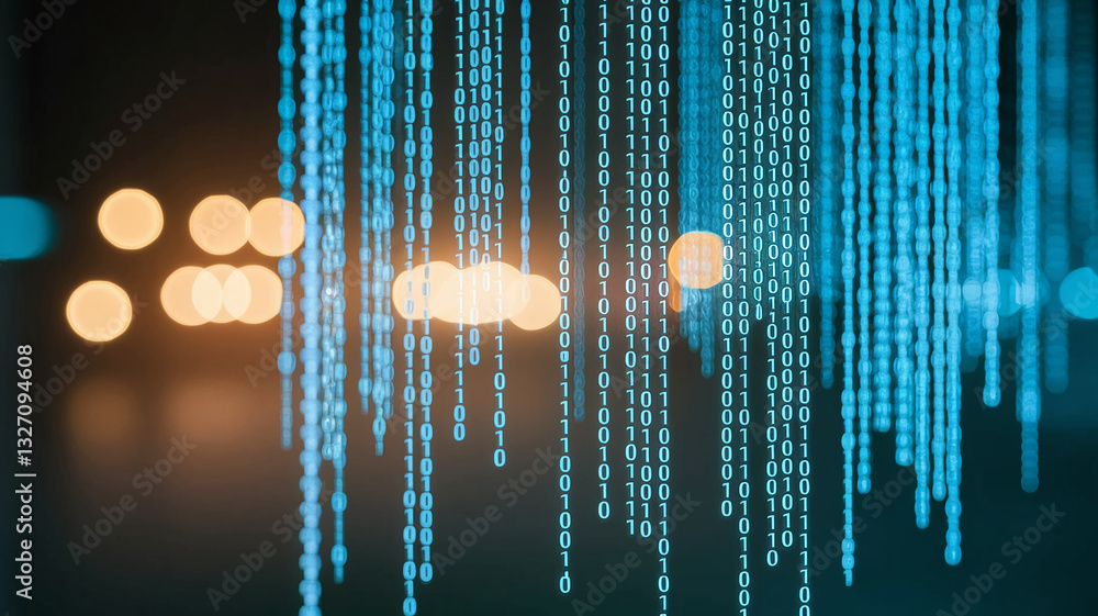 Poster abstract image of binary code, represented as glowing blue strands against a blurred orange backgrou