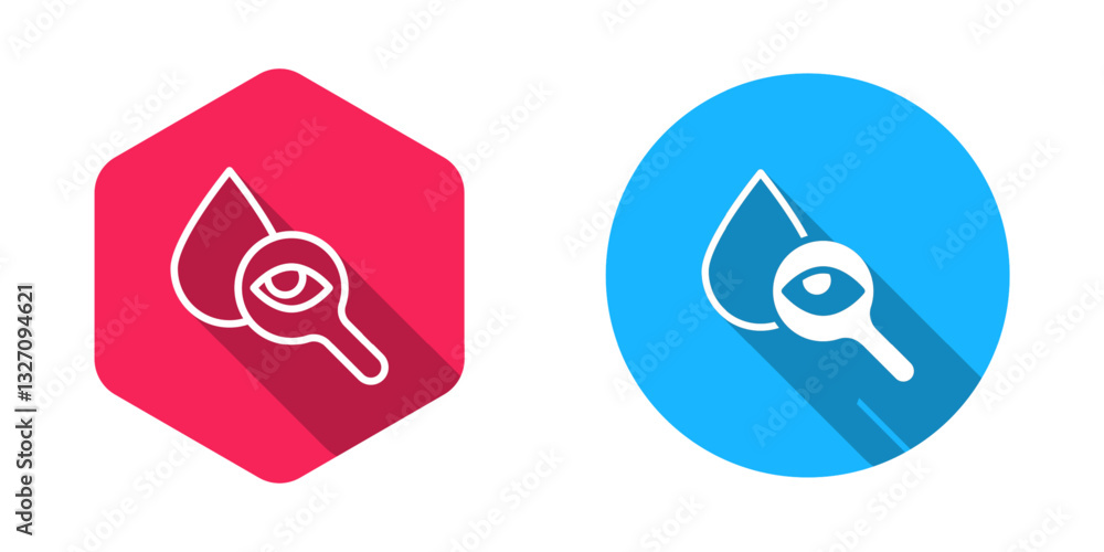 Poster filled and outline drop and magnifying glass icon isolated with long shadow background. vector