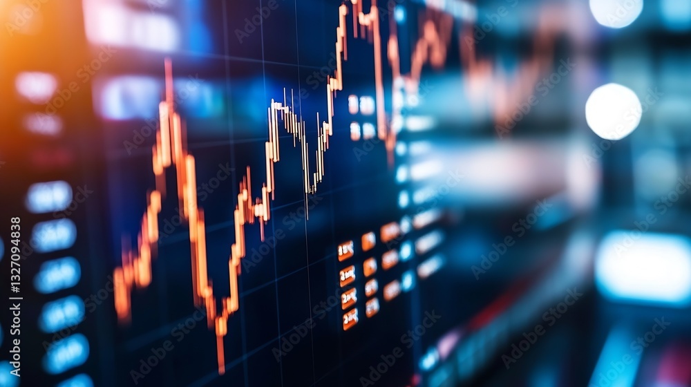 Poster dynamic stock market trends shown through vibrant candlestick chart on digital screen : generative a