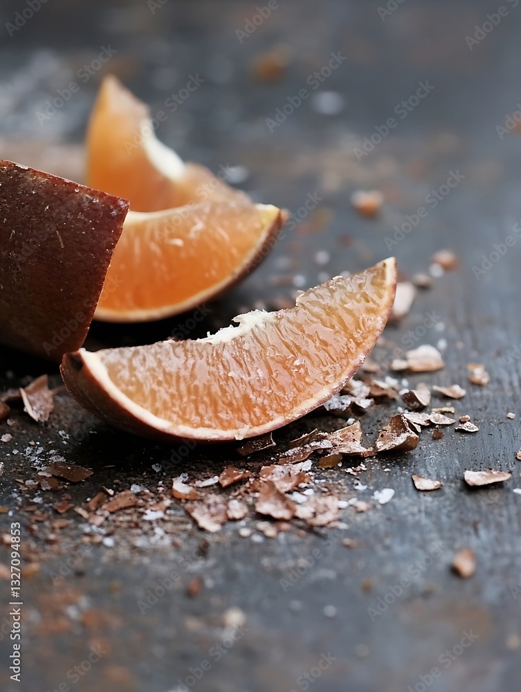 Aufkleber Delicious Chocolate Orange Slices with Crumbled Cocoa on a Rustic Table : Generative AI
