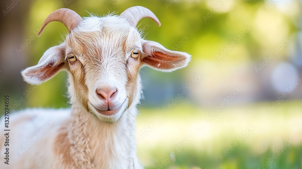 Poster charming closeup portrait of a playful goat with expressive eyes standing in a lush green field duri