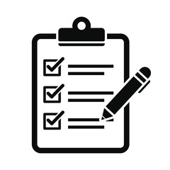 Clipboard icon with checkmarks and a pencil vector, isolated on a white background
