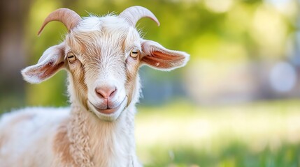 Obraz premium Charming closeup portrait of a playful goat with expressive eyes standing in a lush green field during daytime : Generative AI