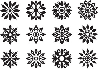 Floral Mandala Silhouette Set, Vector Decorative Ornament, Abstract Flower Design, Black and White Pattern