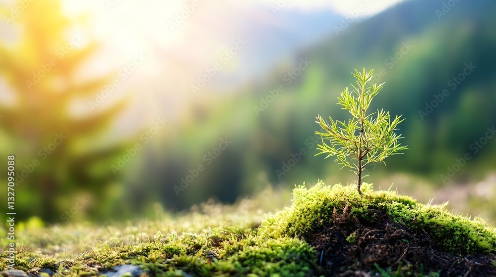 Poster small green sprout emerging from soil surrounded by soft natural light : generative ai