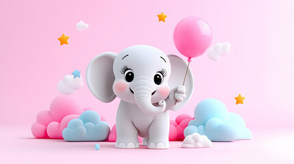 Smiling Baby Elephant with Balloon in Pastel Pink Setting