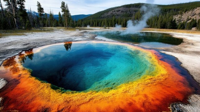 Fototapeta A geothermal hot spring with bubbling sulfuric pools, surrounded by multi-colored mineral deposits formed by volcanic activity