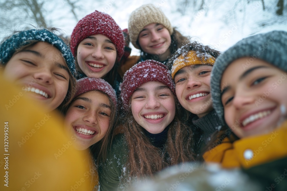 Poster a group of friends enjoying winter day together, suitable for use in social media or editorial conte