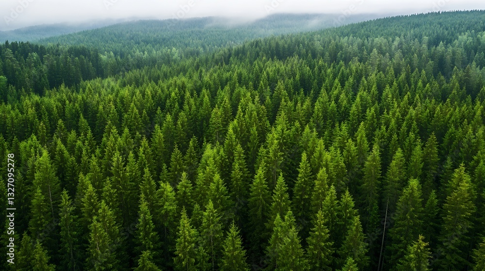 Poster expansive aerial view of a lush green pine forest stretching into the horizon under a cloudy sky : g