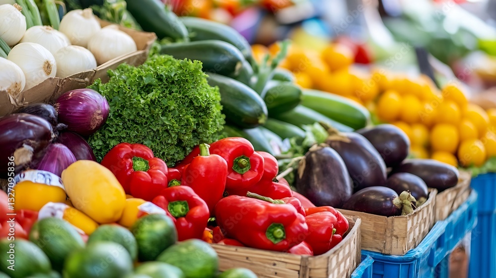 Poster colorful assortment of fresh vegetables displayed in a vibrant market setting : generative ai