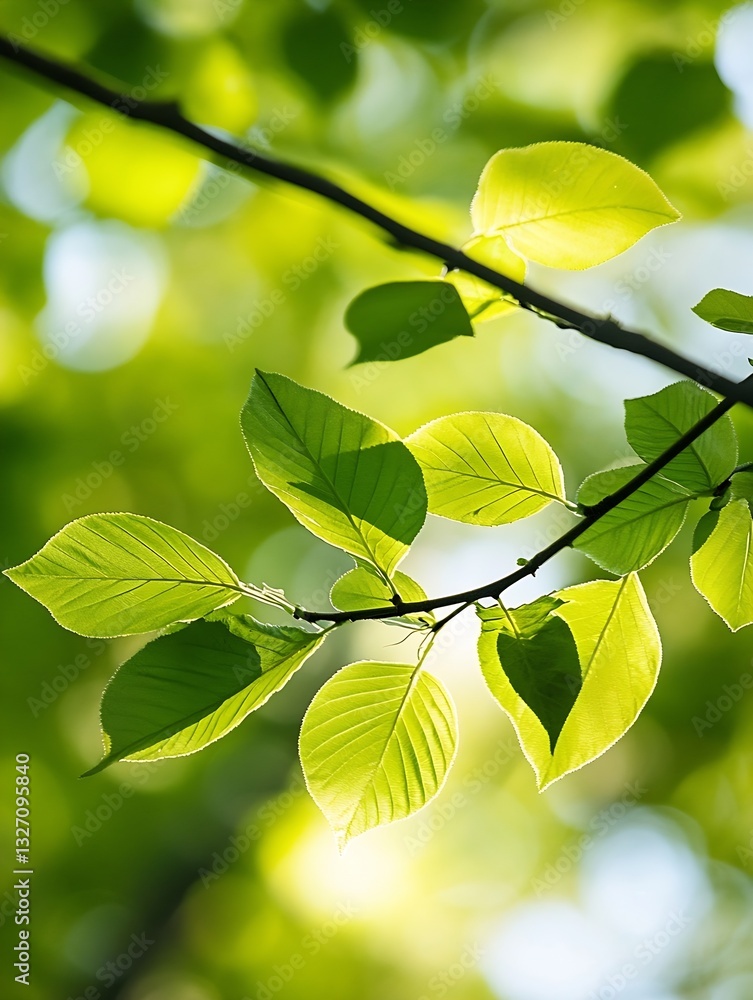 Poster beautiful sunlight filtering through bright green leaves creating a vibrant natural scene in the for