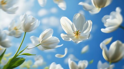 Fototapeta premium Flower petals floating in the air on a blurred background, spring concept, creating vibrant scene.
