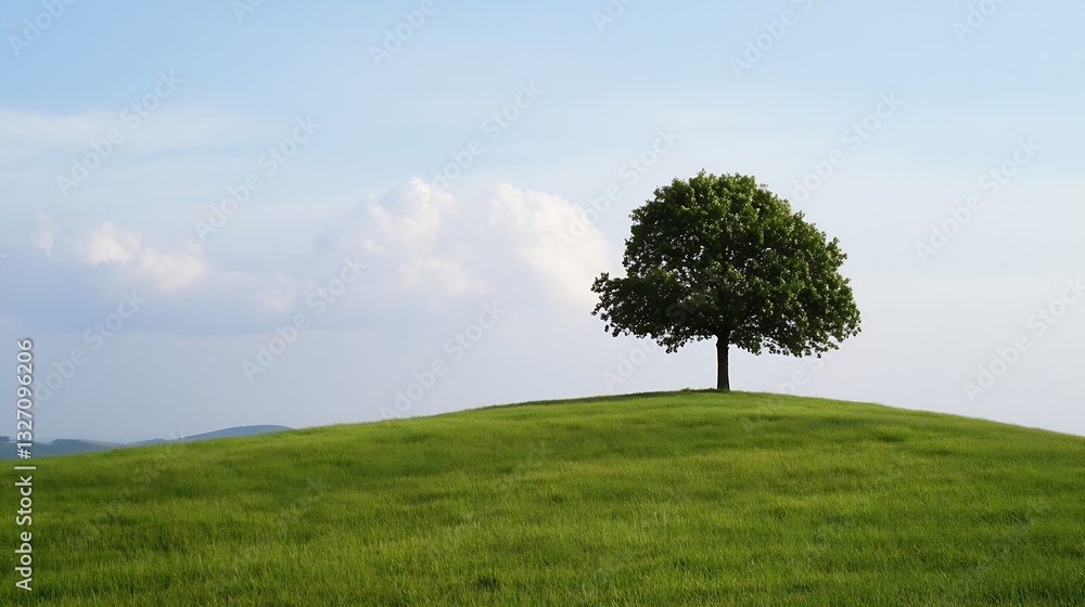 Poster lonely tree on top of a green hill under a clear blue sky with soft clouds : generative ai