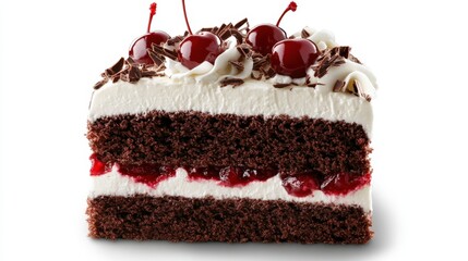 A German Black Forest cake with layers of chocolate sponge, whipped cream, and cherries