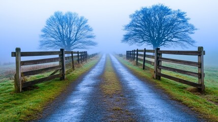 Fototapeta premium Serene foggy pathway flanked by trees and fences leading into a tranquil rural landscape