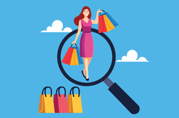 Analyzing consumer behavior. Woman with shopping bags in a magnifying glass, symbolizing customer insights and optimizing the customer experience.
