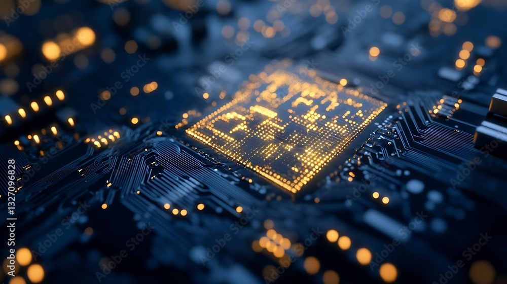 Poster Close Up View of a Detailed Microchip Circuit Board with Glowing Lights : Generative AI