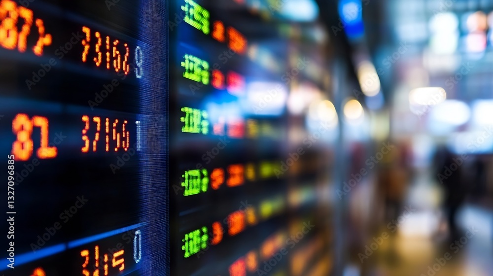 Poster stock market display panels showing fluctuating prices in a vibrant financial hub : generative ai