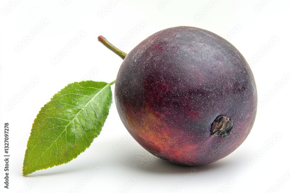 Poster close up of a ripe fresh plum with green leaf isolated on white backdrop studio shot capturing rich 