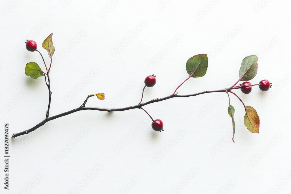 Poster delicate crabapple branch artful composition against smooth white backdrop studio shot botanical sim