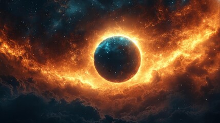 Obraz premium Cosmic Solar Eclipse with Dazzling Fiery Ring and Stellar Glow. Generative AI