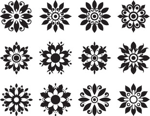 Floral Mandala Silhouette Set, Vector Decorative Ornament, Abstract Flower Design, Black and White Pattern