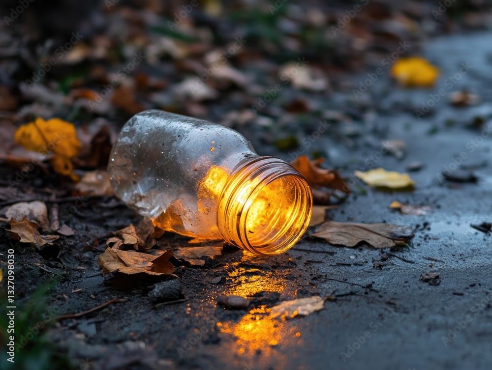 Poster A glass jar with a soft glow inside sits on the ground, perfect for using as a decorative accent or symbol in your design