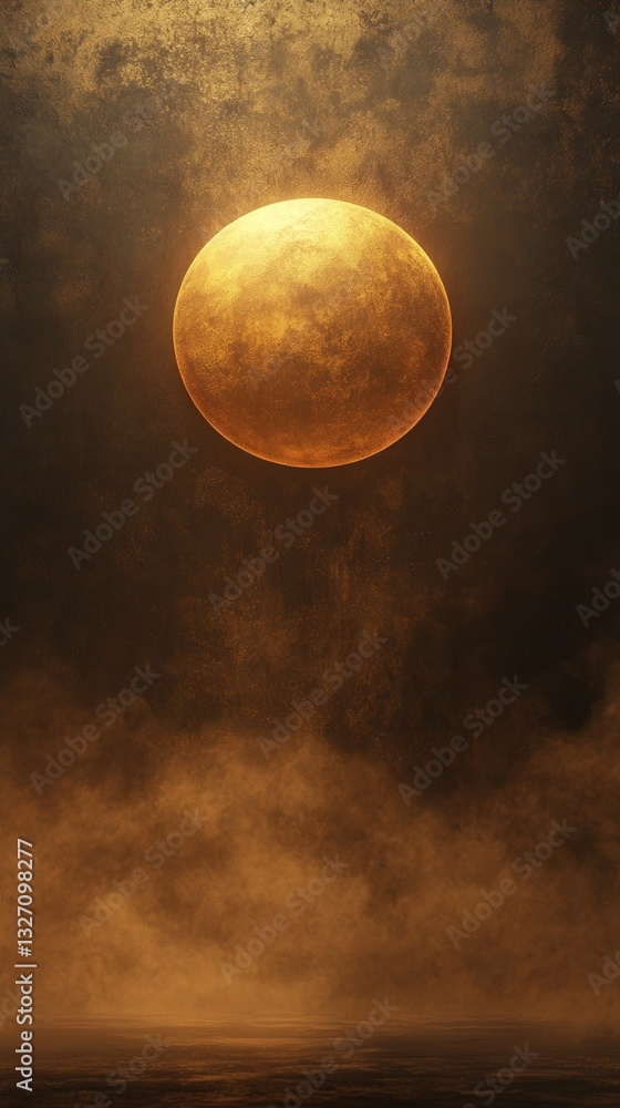 Poster mystical golden orb illuminating a dark and textured background with ethereal mist creating a dreaml