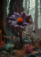 An illustration of a beautiful blooming purple flower in the deep forest, with a post-apocalyptic backdrop. AI Generated.