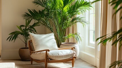 Fototapeta premium Chic home library corner with an elegant reading chair, large plants, and bright natural light.