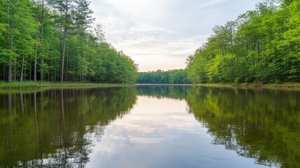 Fototapeta premium Serene lake surrounded by lush green trees reflecting in calm waters at sunset