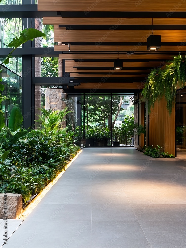 Poster Luxurious indoor setting with foliage and natural light streaming through modern architecture : Generative AI