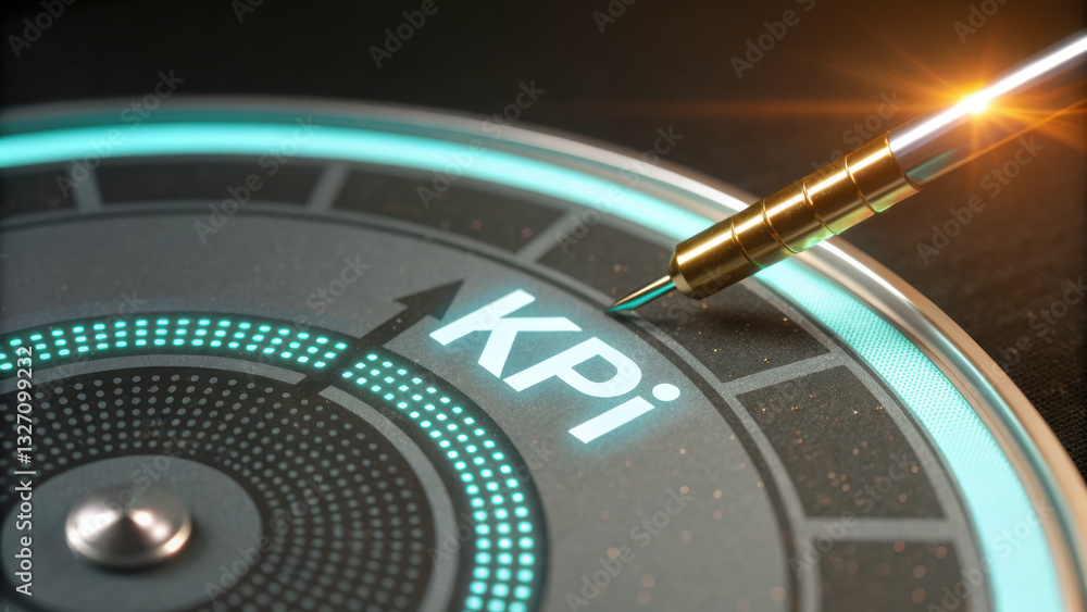 Poster glowing kpi progress dial with needle indicating performance metrics, showcasing modern design and v