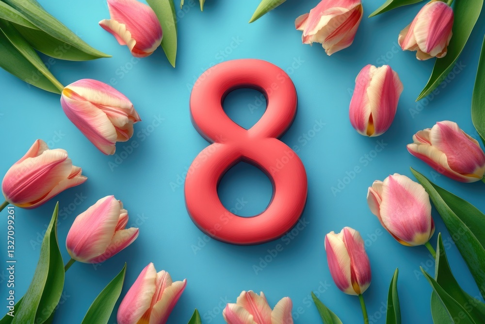 Poster a stylized representation of the number 8 surrounded by pink tulips on a blue background