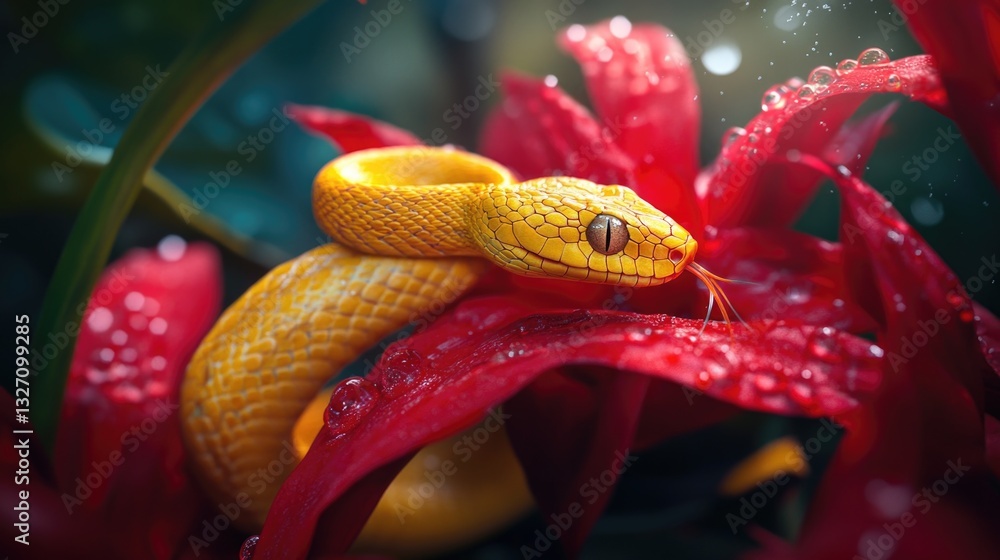 Aufkleber a yellow snake sits on top of a bright red flower, creating an interesting and unusual composition