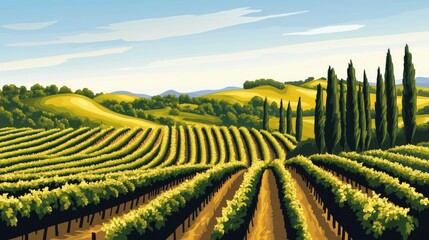 Fototapeta premium Picturesque vineyard landscape with rolling hills and cypress trees