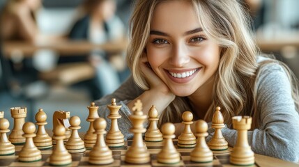 Smiling Woman Leaning on Chessboard Game