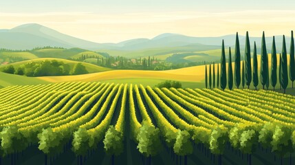 Fototapeta premium Serene countryside landscape with rolling hills and lush vineyards at sunset