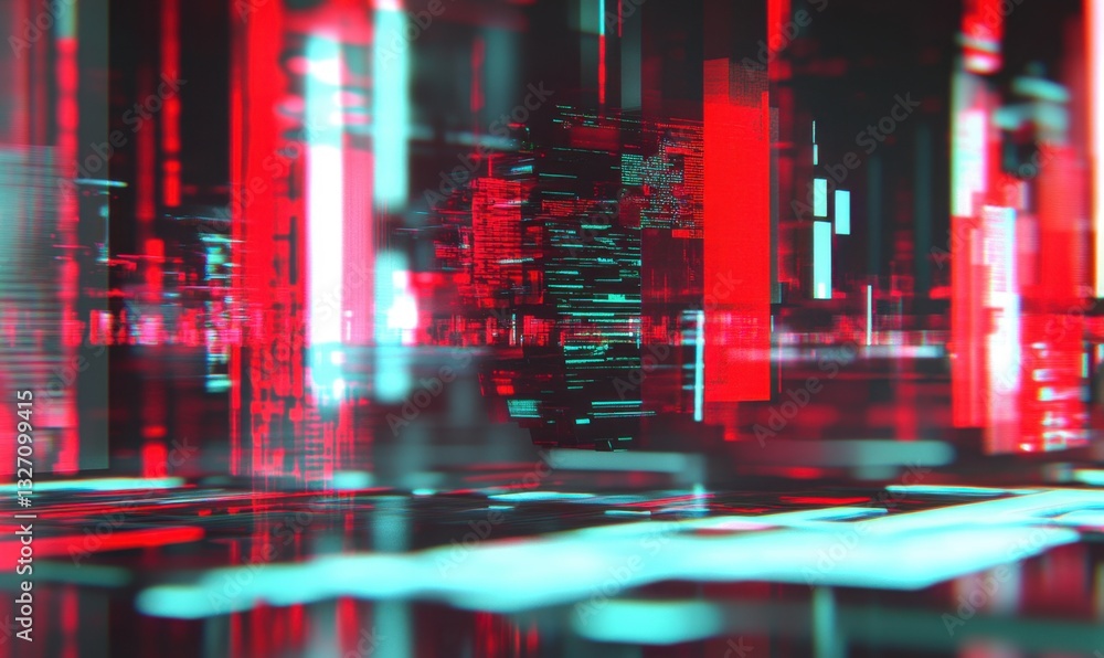 Poster abstract digital city with glowing lights and data streams in cyberspace