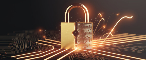 Golden padlock on circuit board, glowing lines symbolize data security, digital protection concept, ideal for technology or cybersecurity themes