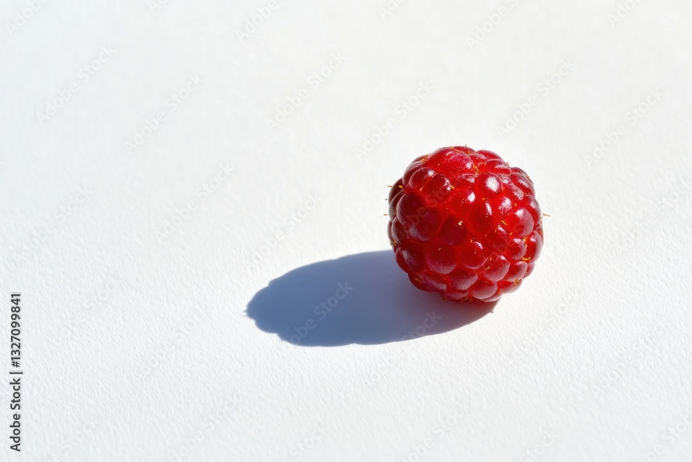 Aufkleber Red raspberry on a white surface with a strong light casting a shadow in minimalist style still life fresh ripe