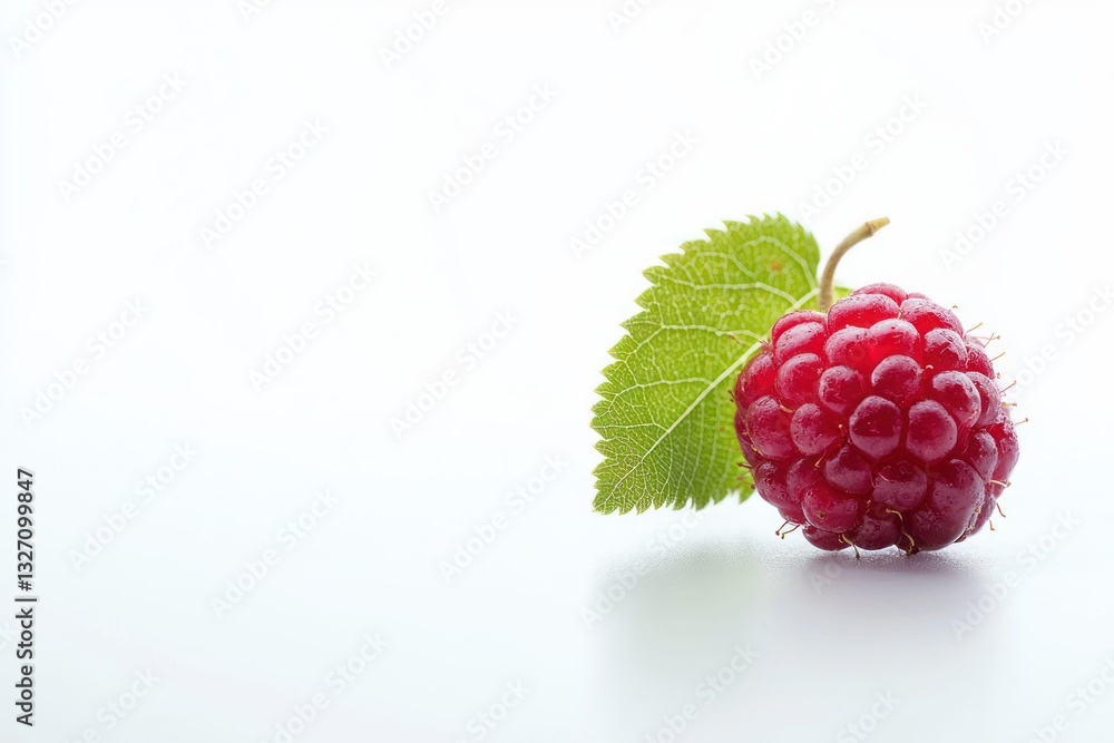 Poster Fresh raspberry and leaf on bright white background simple product shot clean eating concept berry fruit